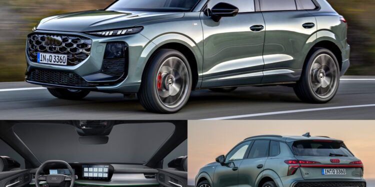 A green 2026 Audi Q3 breaks cover: here's what's new—shown from the front-side driving, rear parked, and interior dashboard view, highlighting its modern design and advanced digital display features.