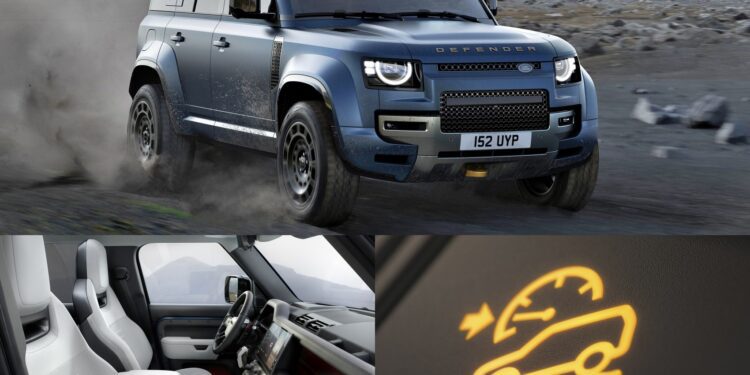 A blue Land Rover Defender drives off-road; below, images highlight the refreshed interior and a dashboard warning light for the active air suspension—Land Rover Defender Refreshed: Here’s What’s New For 2026.