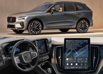 A grey Volvo SUV is shown in a studio setting; below, images display its digital dashboard, steering wheel, and central touchscreen, reflecting Volvo’s 2026 hybrids’ smarter tech with OTA upgrades for 2.5 million existing cars.