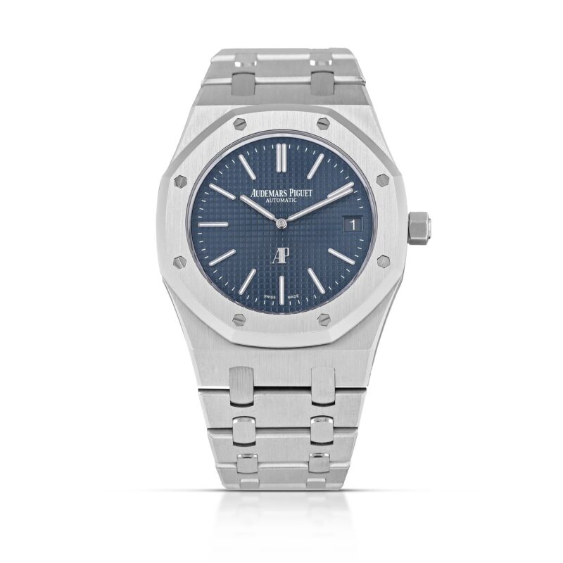 A stainless steel Audemars Piguet Royal Oak wristwatch with a blue patterned dial, silver hour markers, and a date window at 3 o’clock—an icon among the best luxury watches.