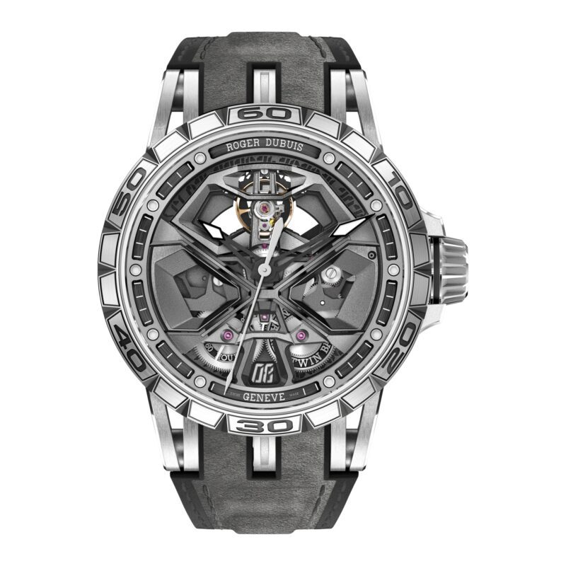 A Roger Dubuis skeleton watch with a black and silver case, visible gears, black rubber strap, and bold hour markers on the bezel—an outstanding choice among the best luxury watches.