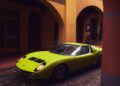 A bright green Lamborghini in striking Verde Scandal is parked on a cobblestone street under yellow archways in a historic European town.