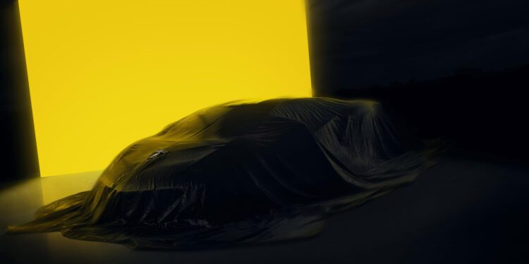 A Lamborghini Few-Off, draped in a dark cloth, stands before a large, bright yellow illuminated rectangle in a dimly lit setting—evoking the exclusive atmosphere of Monterey Car Week.