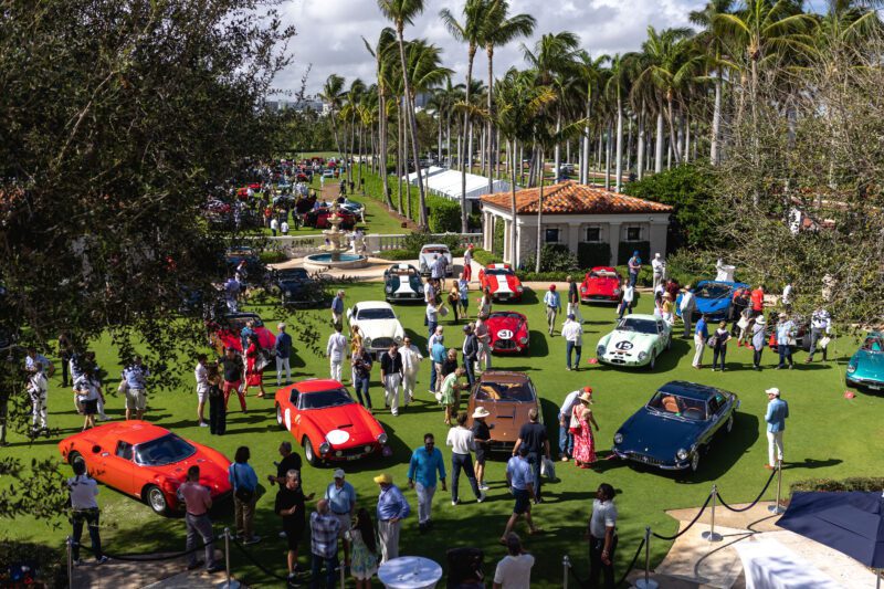 A crowd gathers around classic and vintage cars displayed on a grassy lawn lined with palm trees, while an interview with Enzo Mattioli brings extra excitement to the outdoor car show.