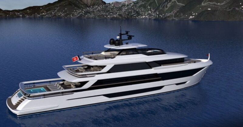 A large modern yacht with multiple decks and a pool at the rear floats on calm water near a hilly coastline, offering the ultimate maritime experience in luxury yachts.