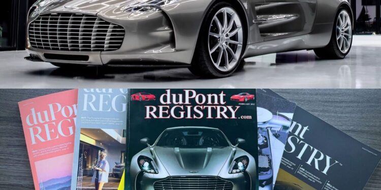 A silver Aston Martin One-77 sports car is displayed above, while below are issues of duPont Registry magazine featuring the same car on the cover—highlighting The Incredible Story Of The '78th' Aston Martin One-77.