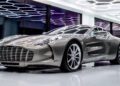 A silver luxury sports car, inspired by The Incredible Story Of The '78th' Aston Martin One-77, is parked indoors under bright geometric ceiling lights with reflective glass walls in the background.