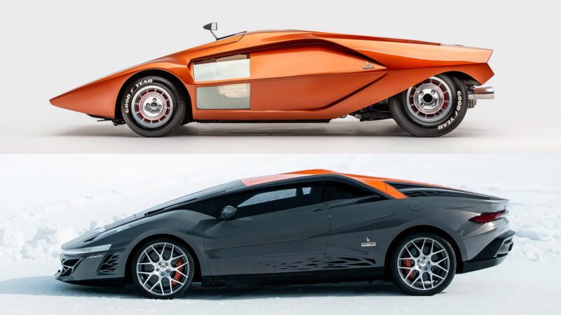 A side-by-side comparison shows the Bertone Nuccio concept car in orange above a modern dark gray sports car, both featuring angular designs and unique styling—a striking centennial tribute ready for Auction.