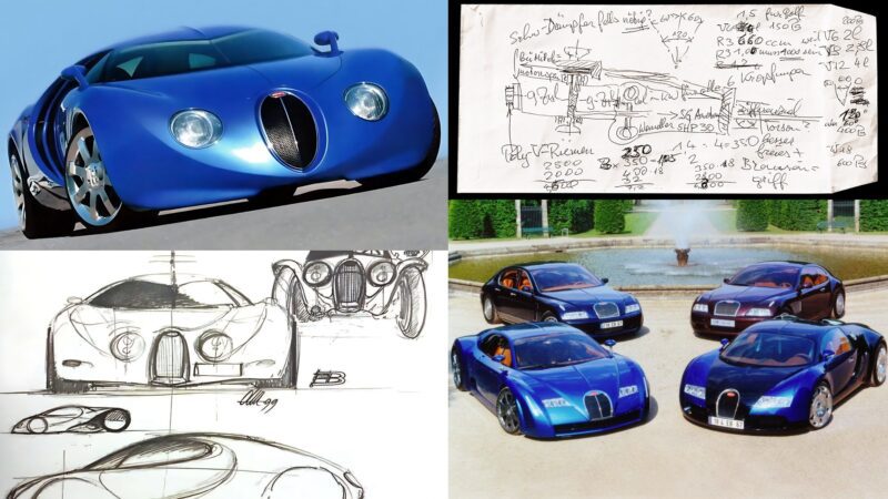 A collage showing a blue sports car, design sketches, handwritten notes, and three blue sports cars parked by a fountain, inspired by Veyron: The Man The Machine And The Legacy That Rebuilt Bugatti.