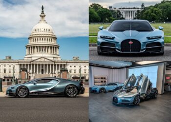 A blue Bugatti sports car is displayed indoors with its doors open, showcased in a Washington D.C. showroom in front of the U.S. Capitol and facing the White House.