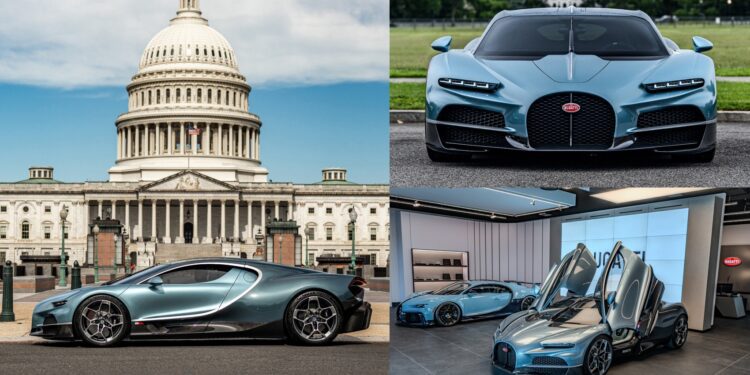 A blue Bugatti sports car is displayed indoors with its doors open, showcased in a Washington D.C. showroom in front of the U.S. Capitol and facing the White House.