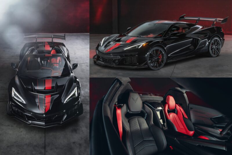 Collage of a black supercar with red accents, featuring exterior front and side views, and a close-up of the black and red interior.