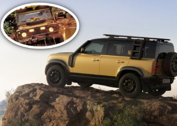 A modern Land Rover Defender is parked on a rocky hill, with an inset showing an older model tackling muddy terrain—Global Adventure Reignited: Land Rover’s Defender Trophy and Exclusive Trophy Edition Revealed.