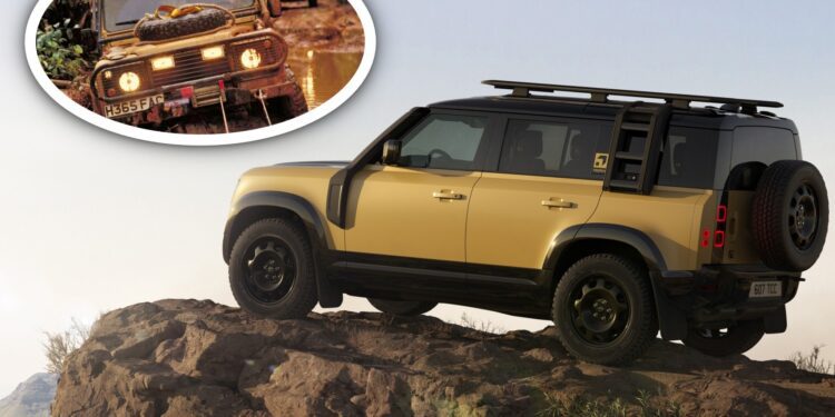 A modern Land Rover Defender is parked on a rocky hill, with an inset showing an older model tackling muddy terrain—Global Adventure Reignited: Land Rover’s Defender Trophy and Exclusive Trophy Edition Revealed.