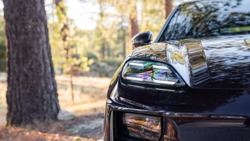 Close-up of the front left headlight and fender of a black car parked outdoors among tall trees in a sunlit forested area.
