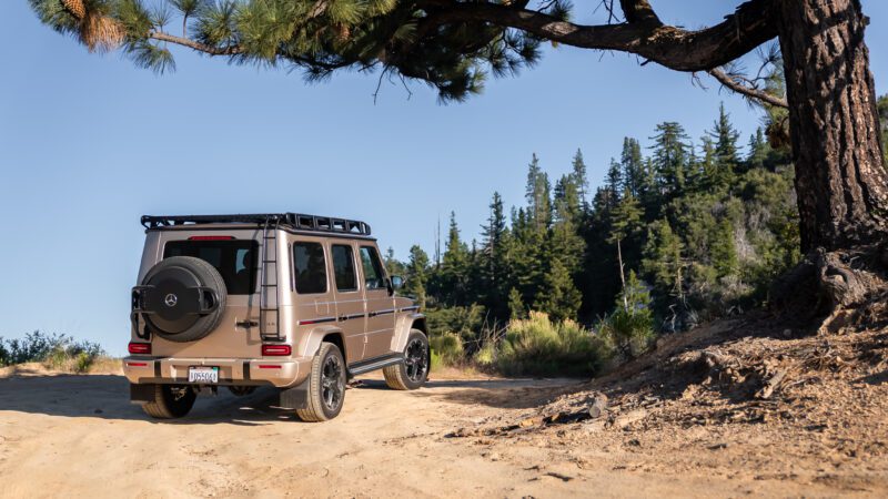 A tan Mercedes-Benz G-Class SUV parked on a dirt road near a pine tree, with a forested landscape in the background under a clear sky.