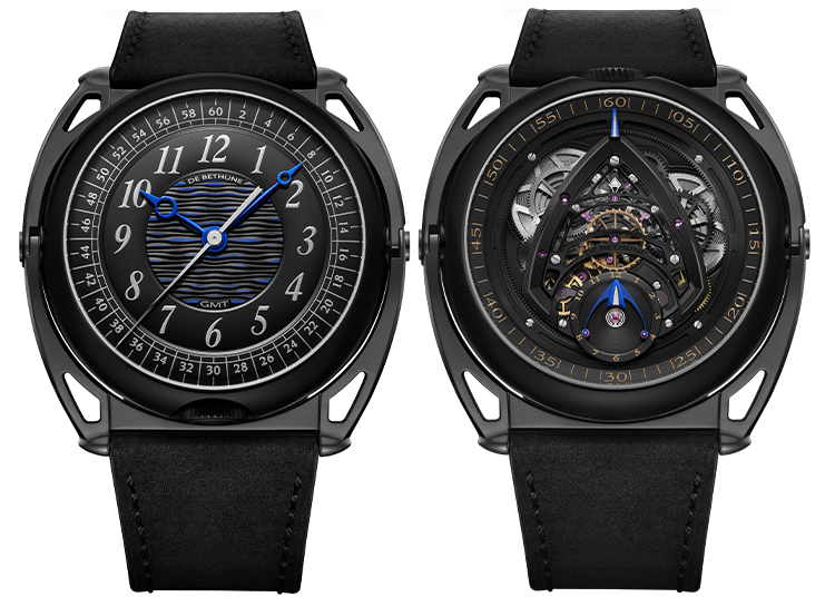 Two luxury wristwatches with black straps—a horological highlight—feature a traditional dial with Arabic numerals on the left and a complex skeletonized mechanical movement on the right.