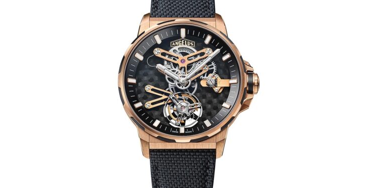 A luxury wristwatch with a skeleton dial, black strap, gold case, and visible internal mechanical components—a true standout among the best luxury watches.