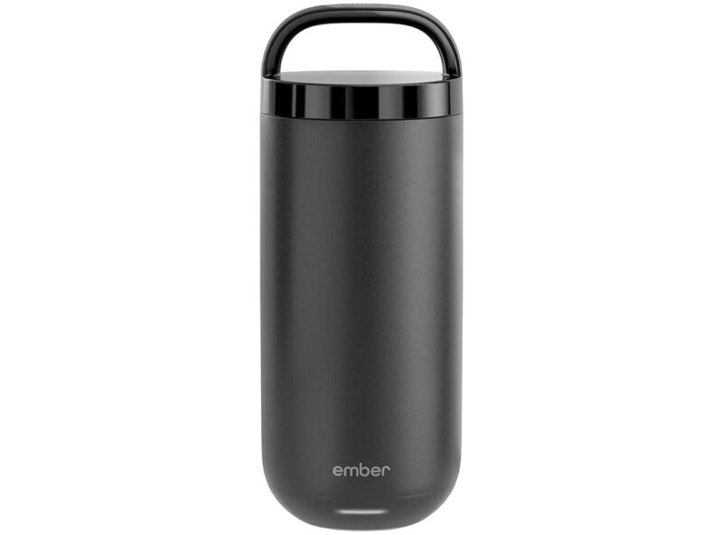 A black Ember travel mug with a handle on the lid stands upright on a white background—an ideal pick for the duPont REGISTRY Father’s Day Gift Guide.