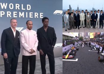Three men in suits pose at the Star‑Studded Formula 1 Movie World Premiere backdrop; adjacent are a group photo of men in suits on a rooftop and a street scene with racing royalty, F1 cars, and crowds revving up NYC with A‑list glamor.