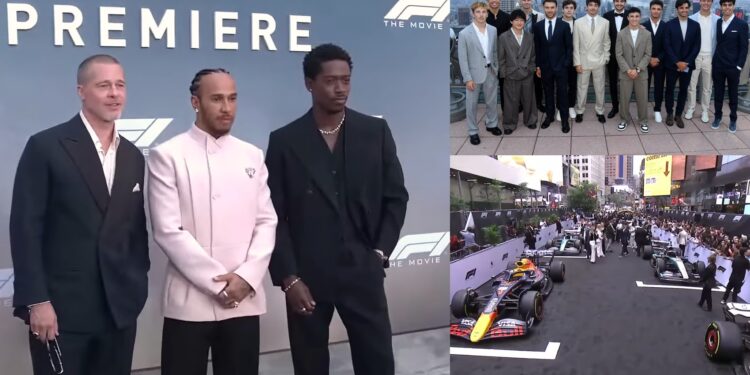 Three men in suits pose at the Star‑Studded Formula 1 Movie World Premiere backdrop; adjacent are a group photo of men in suits on a rooftop and a street scene with racing royalty, F1 cars, and crowds revving up NYC with A‑list glamor.