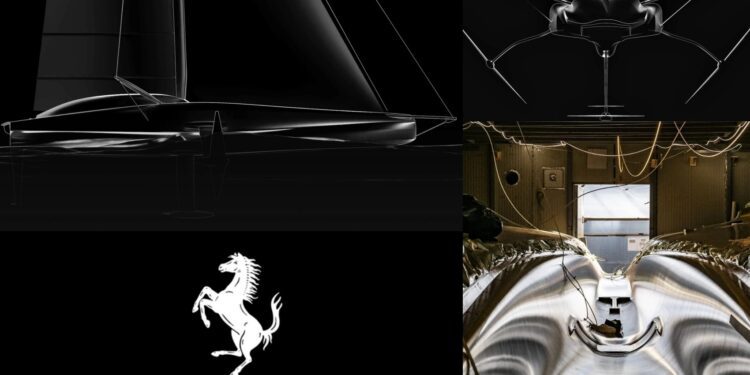 Collage featuring sailboat design renderings, a workshop with a boat hull under construction, the Ferrari logo, and a "No Engine No Fuel: Ferrari Hypersail Is The Next Performance Frontier For The Prancing Horse" label.