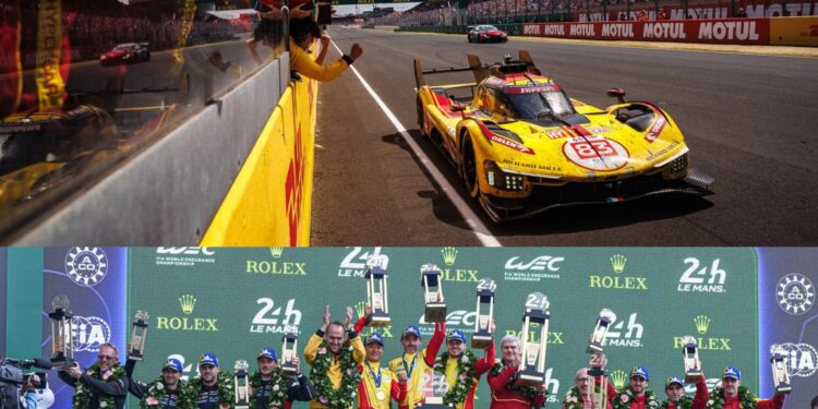 A yellow race car crosses the finish line as a pit crew celebrates; below, a group stands on a podium holding trophies at a thrilling Le Mans racing event, with Ferrari and Porsche teams among the competitors.