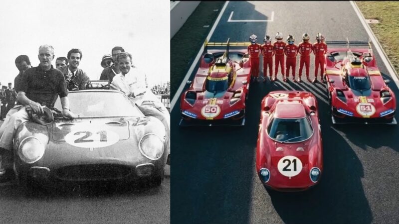 A black-and-white photo of people with a vintage race car numbered 21 appears next to a color image of three modern red race cars and their team, capturing the moment Ferrari clinches a historic third straight Le Mans victory as Porsche denies a podium sweep.