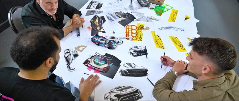 Three men sit around a table covered with car sketches, design tools, and model photos, collaboratively working on automotive designs—including concepts like Tavarish's Flood-Damaged McLaren P1 getting a wild 1400 HP EVO reboot by Frank Stephenson.