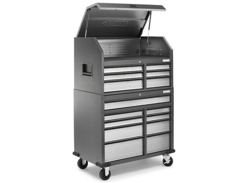 A large metal tool chest with multiple drawers and a hinged top compartment, mounted on wheels for mobility—featured in the duPont REGISTRY Father's Day Gift Guide.
