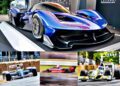 A blue futuristic sports car displayed indoors above three racing cars in action on outdoor tracks, each captured at speed from different events, celebrates the thrill of Formula 1 and 75 Years of F1 racing heritage.