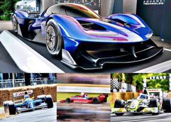 A blue futuristic sports car displayed indoors above three racing cars in action on outdoor tracks, each captured at speed from different events, celebrates the thrill of Formula 1 and 75 Years of F1 racing heritage.