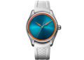 A wristwatch from the new collection, featuring a white perforated strap, silver case, blue gradient dial, orange hands, and an orange ring around the face, inspired by H.Moser’s Pioneer Spiced Aqua design cues.