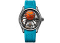 A wristwatch from the H.Moser Pioneer Spiced Aqua new collection featuring a blue perforated strap, orange dial with blue hour markers, and visible mechanical components in a skeletonized design.