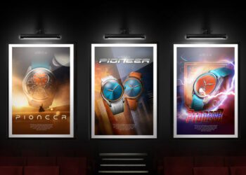 Three framed posters of wristwatches labeled "Pioneer" from the H.Moser watch collection are displayed on a dark wall, each featuring a different design and artistic background.