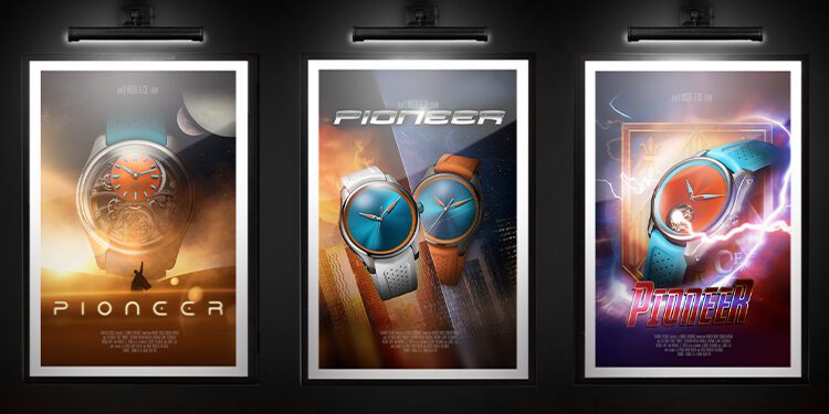Three framed posters of wristwatches labeled "Pioneer" from the H.Moser watch collection are displayed on a dark wall, each featuring a different design and artistic background.