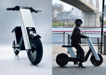 A modern Olto electric scooter is shown in a studio on the left; on the right, a person wearing a helmet rides the same Infinite Machine scooter outdoors near a bridge, gliding smoothly along the bike lane.