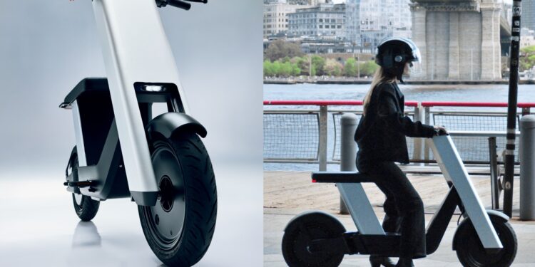A modern Olto electric scooter is shown in a studio on the left; on the right, a person wearing a helmet rides the same Infinite Machine scooter outdoors near a bridge, gliding smoothly along the bike lane.