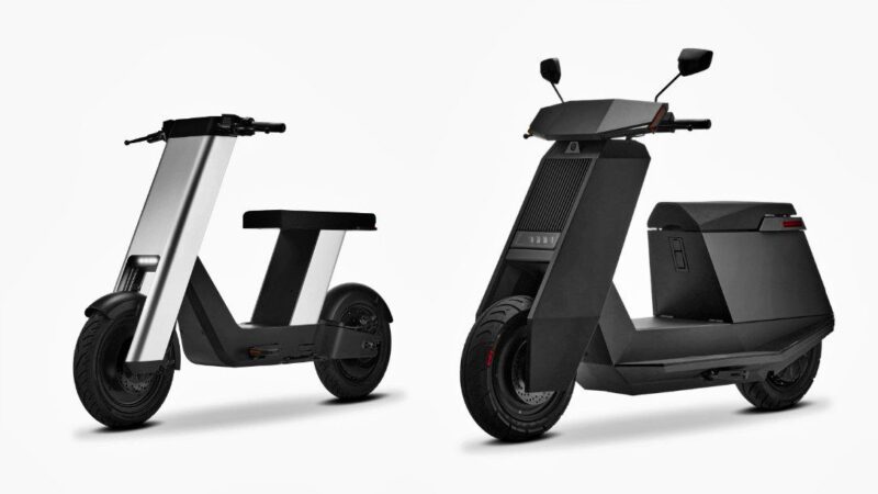 Two modern electric scooters with minimalist designs, one with a rectangular frame and the other with an angular body, exemplify how Infinite Machine’s Olto aims to reinvent the bike lane—all showcased against a crisp white background.