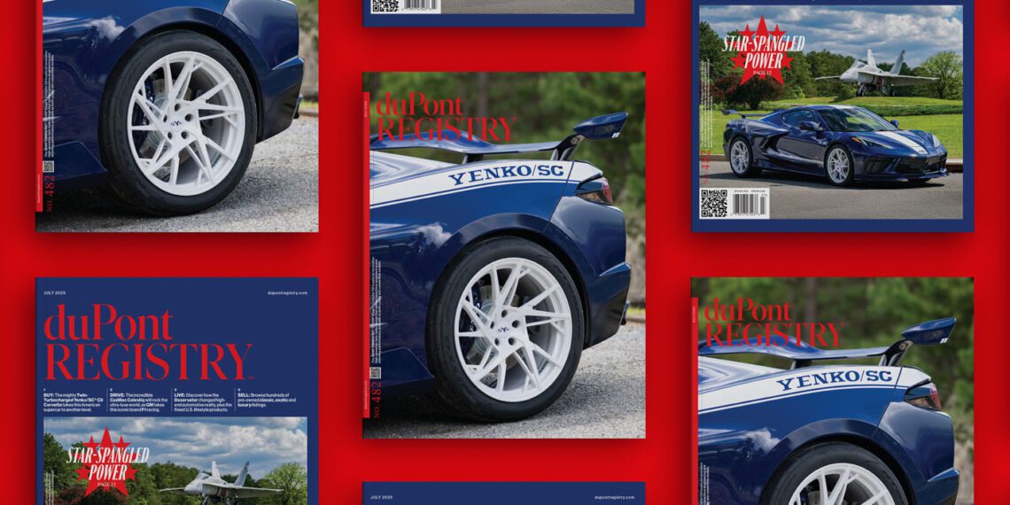 Several copies of the duPont REGISTRY July 2025 magazine, showcasing a blue Yenko/SC car on the cover, are arranged on a striking red background.