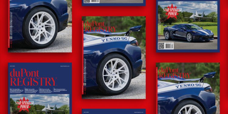Several copies of the duPont REGISTRY July 2025 magazine, showcasing a blue Yenko/SC car on the cover, are arranged on a striking red background.