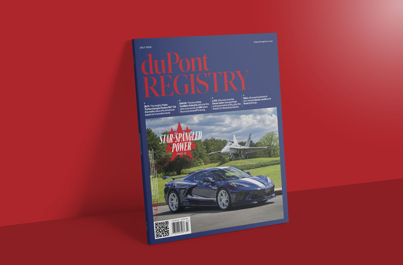 A duPont REGISTRY July 2025 magazine cover features a blue sports car in front of an aircraft, with the headline "Star-Spangled Power" displayed on a bold red background.