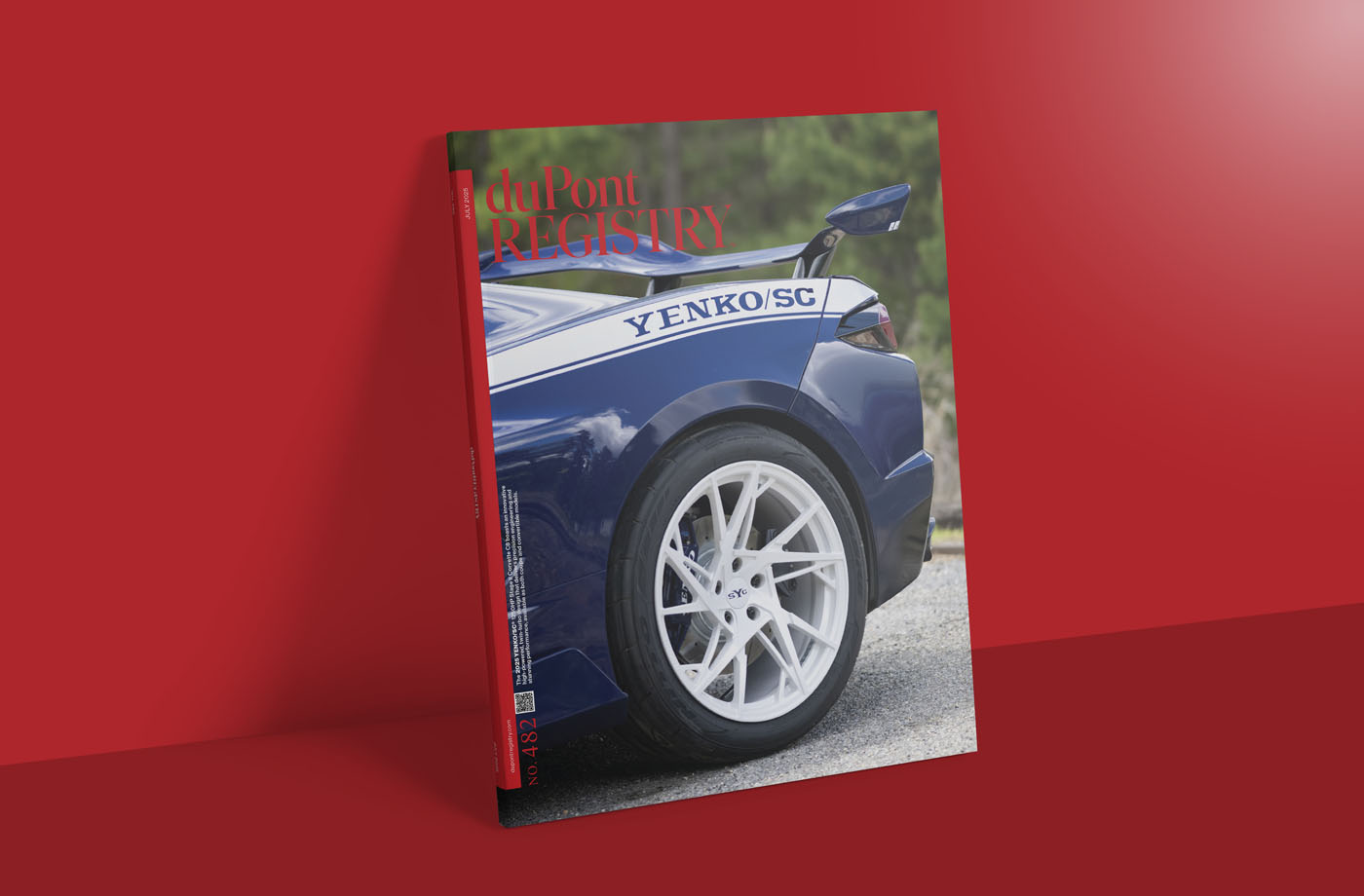 A July 2025 issue of duPont REGISTRY showcases the rear side of a blue sports car with "Yenko SC" on the side, set against a striking red background.