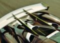 Close-up view of the Farewell Jesko: Enter Track-Focused 1625 HP Koenigsegg Sadair's Spear rear wing and aerodynamic features, captured from above while in motion.
