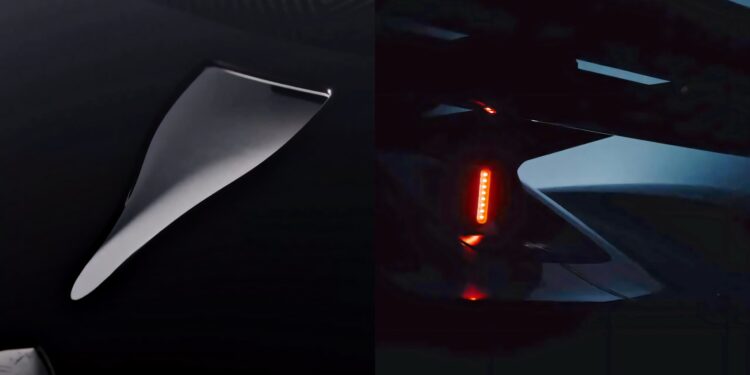 Close-up view of two futuristic automotive design elements—a smooth metallic fin and a rear light assembly with red LEDs—both set against dark backgrounds, hinting at the track-focused hypercar Koenigsegg will unveil at the June 25 reveal.