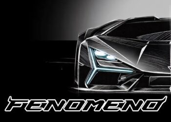 A stylized illustration of a futuristic sports car front with sharp angles and LED lights, featuring the bold “FENOMENO” text below—imagining what Monterey 2025 could showcase as the most powerful Lamborghini ever built.