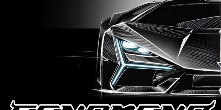 A stylized illustration of a futuristic sports car front with sharp angles and LED lights, featuring the bold “FENOMENO” text below—imagining what Monterey 2025 could showcase as the most powerful Lamborghini ever built.