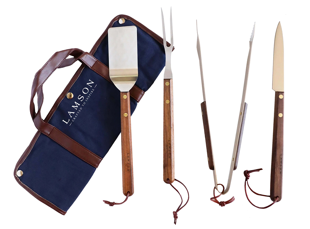 A set of four wooden-handled grilling tools and a blue Lamson-branded carrying case displayed on a white background, perfect for Father's Day or as a top pick in any duPont REGISTRY Gift Guide.