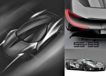 A digital sketch of a sleek sports car, featuring the rear with lights, and a race car displaying number 53—could this hint at the F1 GTR Reborn? Lanzante 95-59 to break cover at Goodwood.
