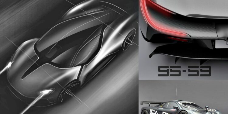 A digital sketch of a sleek sports car, featuring the rear with lights, and a race car displaying number 53—could this hint at the F1 GTR Reborn? Lanzante 95-59 to break cover at Goodwood.